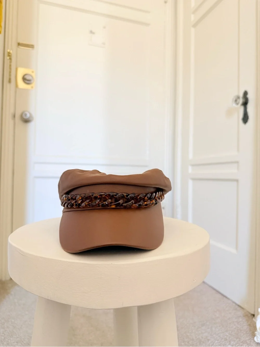 ZARA Brown Faux Leather Baker Boy Hat with Tortoiseshell Chain